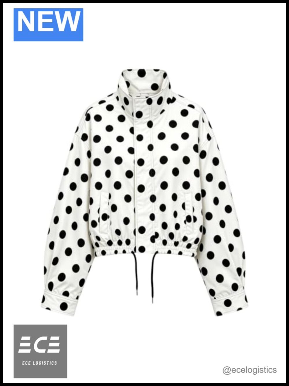 Polka Dot Jacket Stand Collar Cropped Zip Up Casual Coat with Pockets